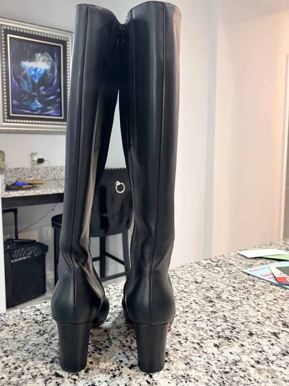 🤩❤️✨Christian Louboutin Red Bottoms Black Over-the-Knee Leather Boots